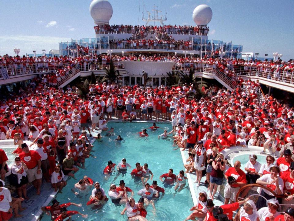 More than a thousand couples renew their vows at sea aboard Grand Princess on February 9, 1999, during the "Love Boat National Holiday."