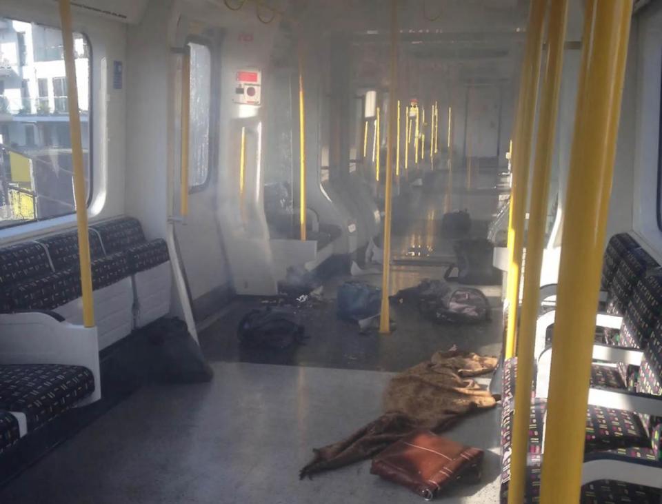 The empty Tube train after the bomb was detonated at Parsons Green (Met Police/PA)