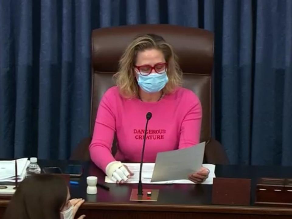 Sen. Kyrsten Sinema wears a pink sweater that says "dangerous creature."