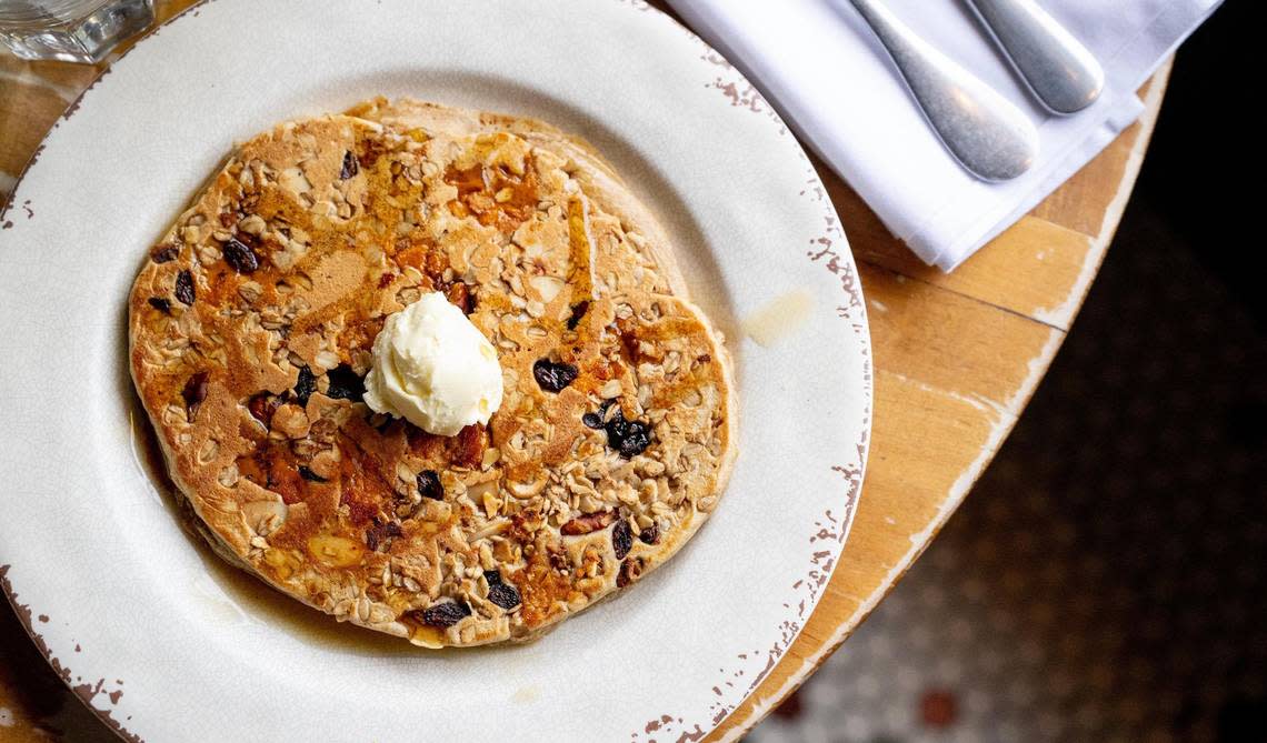 Fancy cakes, featuring Buttonwood Farms sweet potato and house made organic granola baked, is on the menu at Bluebird Bistro in Kansas City.