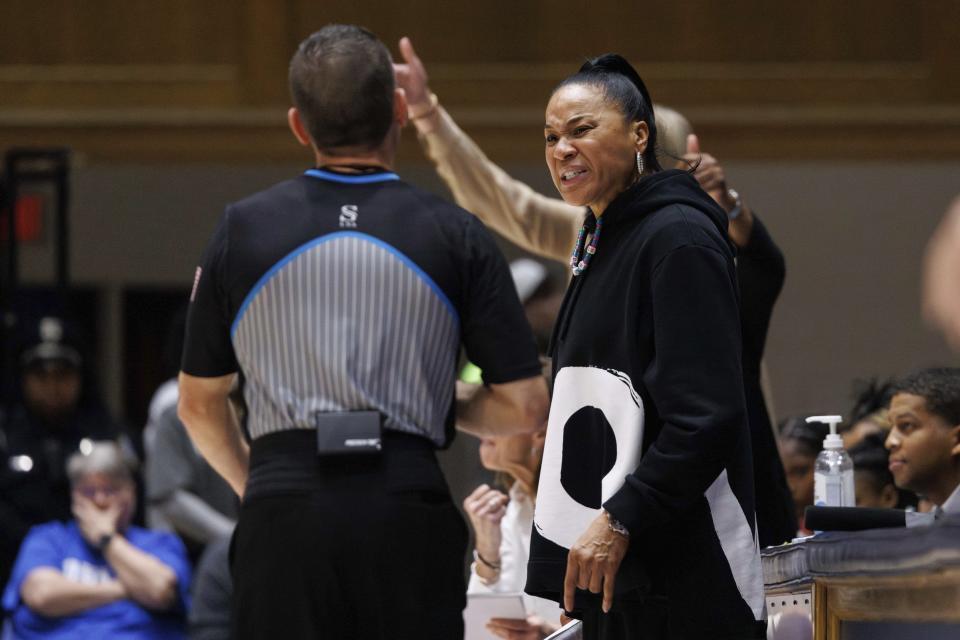 South Carolina head coach Dawn Staley protests a call during the first half of an NCAA college basketball game against Duke in Durham, N.C., Sunday, Dec. 3, 2023. (AP Photo/Ben McKeown)