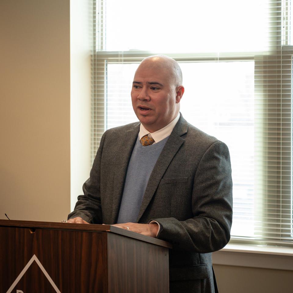 Executive Director and Area Manager at Chase Bank David Vega speaks before the ribbon cutting for the Colonial II public housing development in Rome, NY on Friday, March 8, 2024.