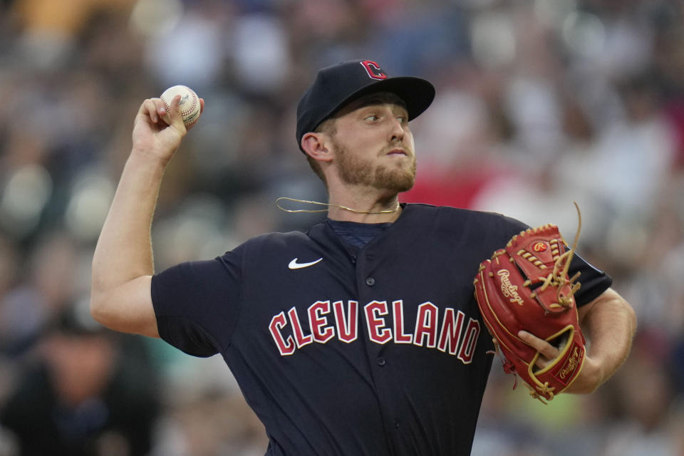 Cleveland Guardians starting pitcher Tanner Bibee throws to a Chicago White Sox batter during the first inning of a baseball game Thursday, July 27, 2023, in Chicago. (AP Photo/Erin Hooley)