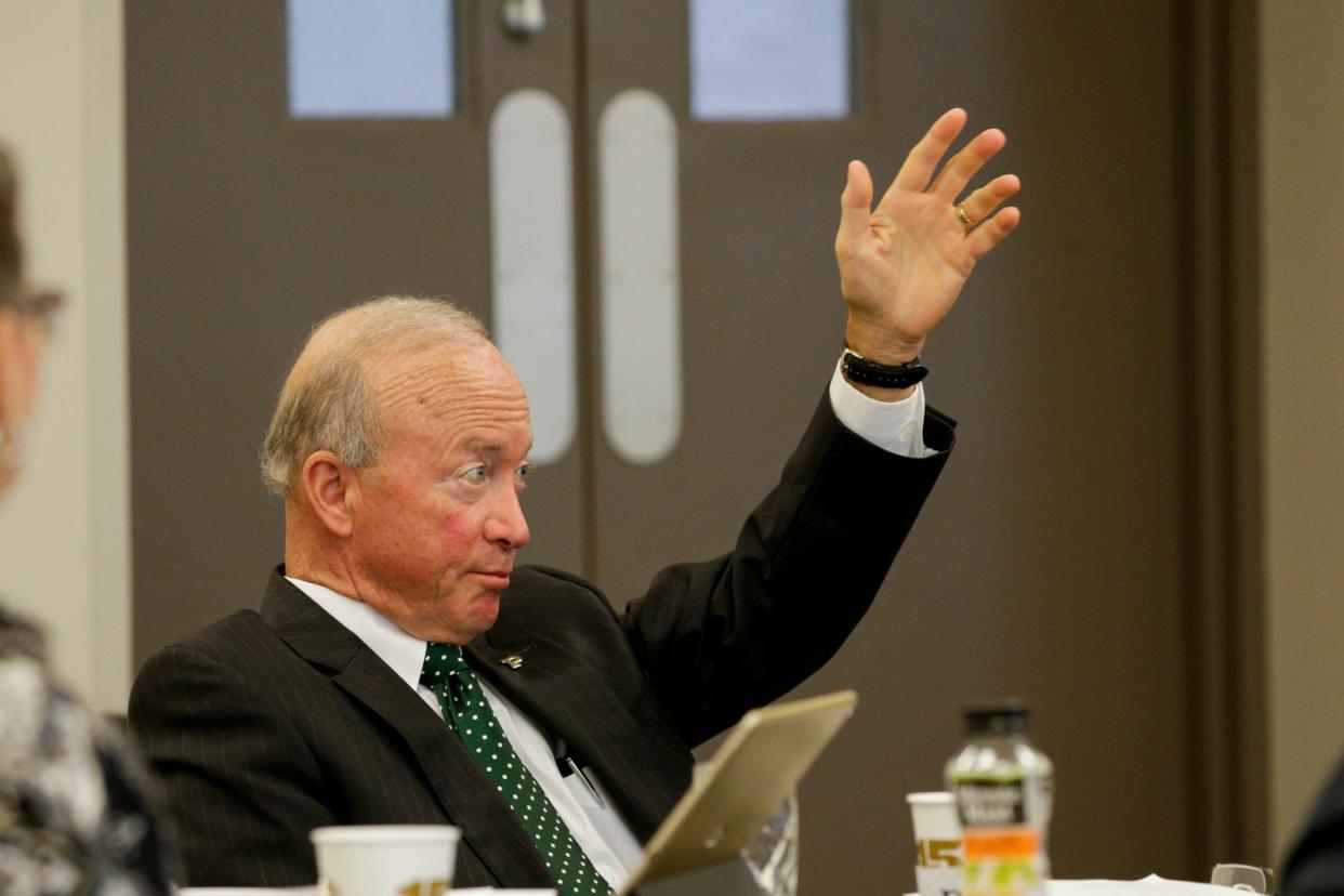 Purdue president Mitch Daniels speaks during a Purdue board of trustees meeting, Friday, Aug. 2, 2019 at Stewart Hall in West Lafayette. 