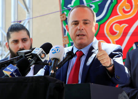 Israeli Energy Minister Yuval Steinitz gestures as he speaks during the inauguration of an electrical substation near the West Bank city of Jenin July 10, 2017. REUTERS/Abed Omar Qusini