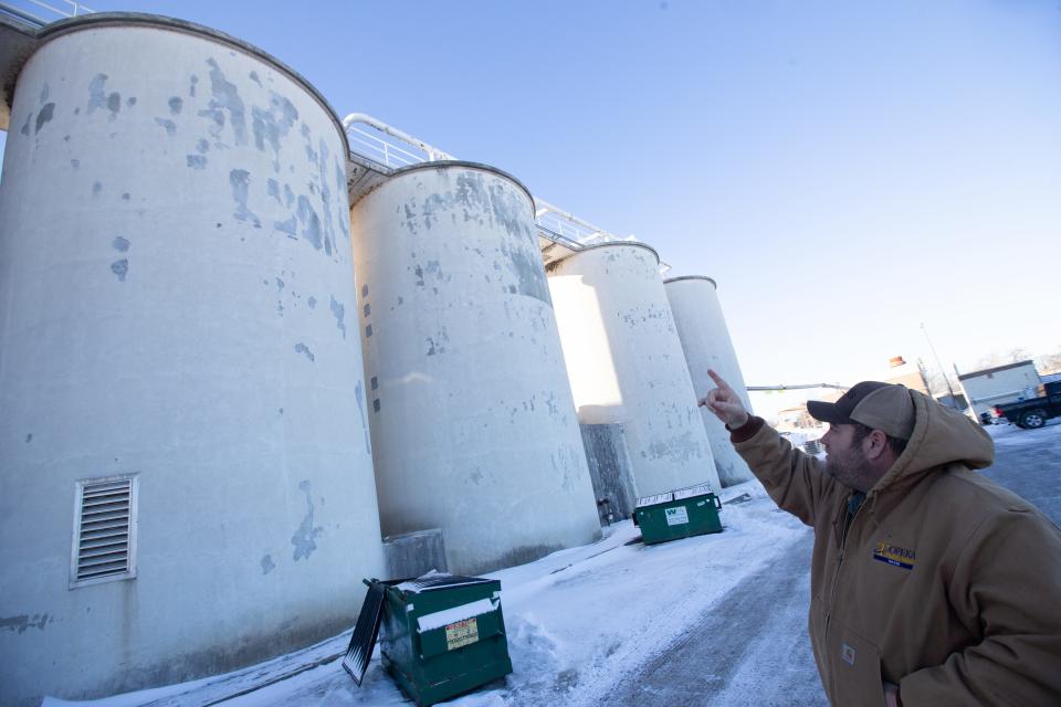 Joey Filby, manager of the Topeka Water Treatment Plant at 3245 N.W. Water Works Drive, points upward to where a PVC pipe carrying chlorine gas broke at that facility.