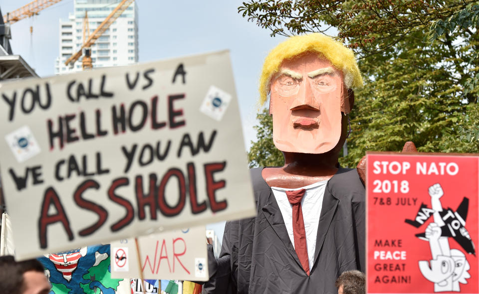 <p>A mock figurine depicting U.S. President Donald Trump is seen as protesters take part in a march against the NATO leaders summit, in Brussels, Belgium July 7, 2018. (Photo: Eric Vidal/Reuters) </p>