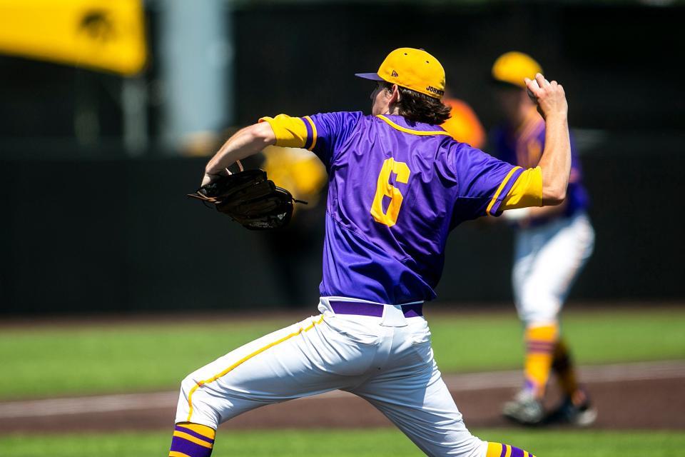 Johnston's Carter Woollums delivers a pitch during a Class 4A state quarterfinal baseball game against Iowa City Liberty on July 19, 2022.