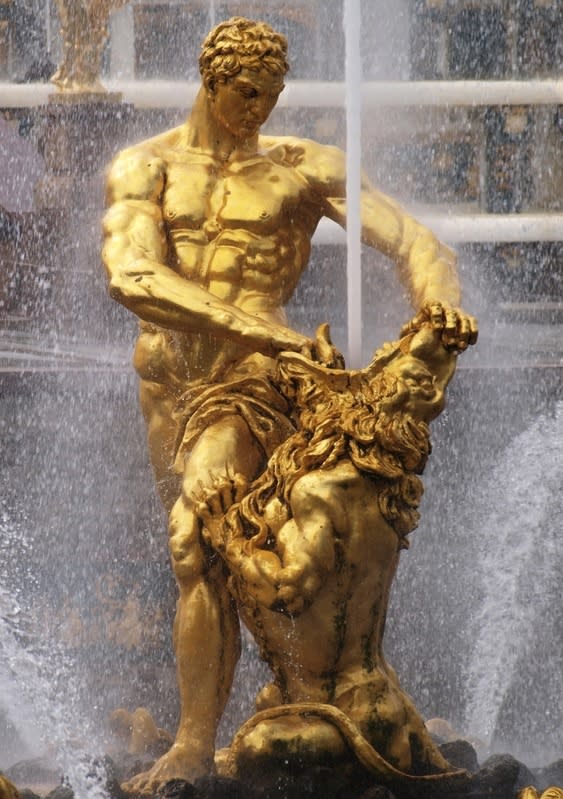 Samson battles a lion in a fountain at Peterhof Palace, St. Petersburg, Russia.