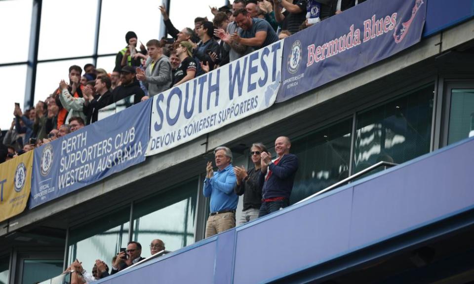 Todd Boehly takes his place in the directors’ box before kick-off.