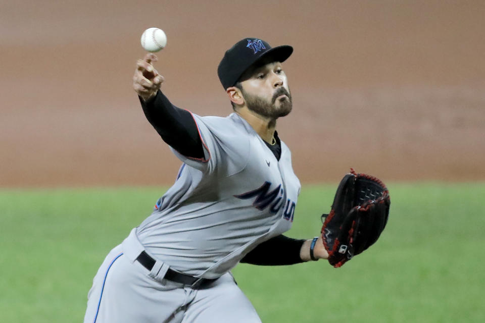 Miami Marlins starting pitcher Pablo Lopez throws a pitch to the Baltimore Orioles during the second inning of a baseball game, Tuesday, Aug. 4, 2020, in Baltimore. (AP Photo/Julio Cortez)