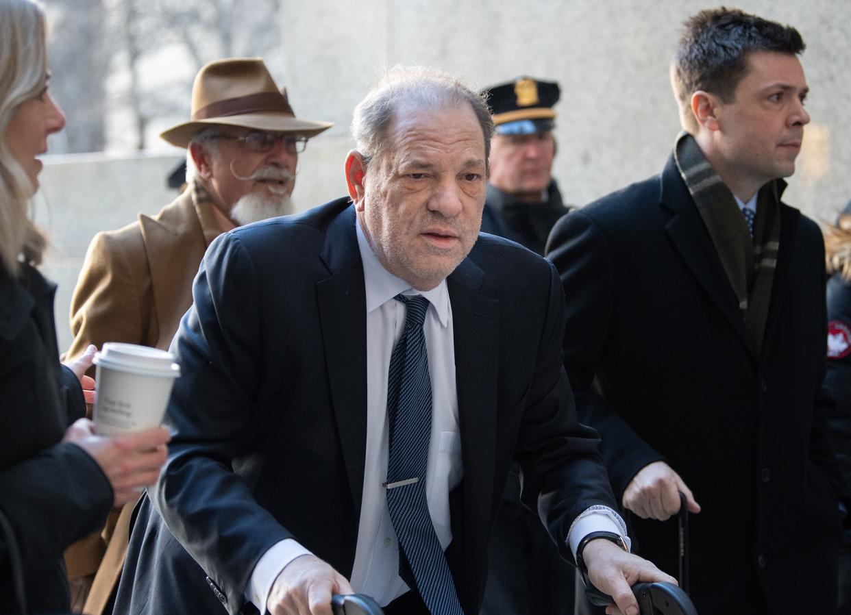 In this file photo, Harvey Weinstein arrives at Manhattan Criminal Court on Feb. 21, 2020.
