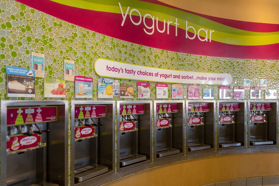 Menchies Frozen Yogurt, a self-serve shop, offers 14 flavors of frozen yogurt and more than 40 topping options.