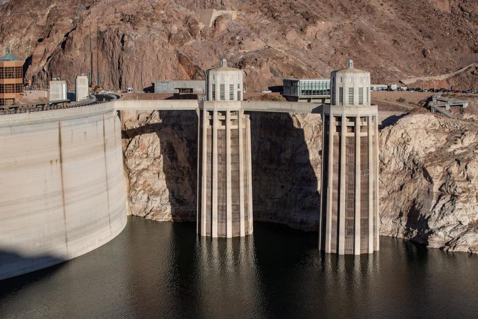 PHOTO: Lake Mead, the country's largest man-made water reservoir, formed by Hoover Dam on the Colorado River in the Southwestern United States, has risen slowly to 47% capacity as viewed on Aug. 14, 2023 near Boulder City, Nev.  (George Rose/Getty Images)