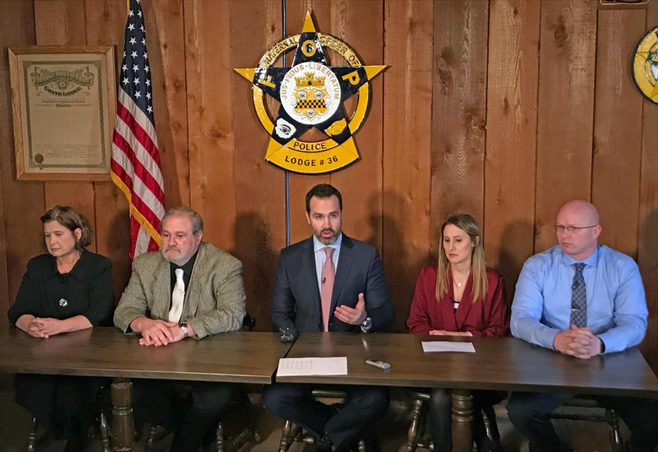 Michael Winkleman, an attorney for the Wiegand family announced the filing of a lawsuit against Royal Caribbean Cruises on Wednesday, Dec. 11, 2019 for what they say is the company’s role in the death of 18-month-old Chloe Wiegand's on July 7, 2019.  At the press conference at the Order of Police Lodge 36 in South Bend were Chloe’s grandparents Patricia and Salvatore Anello, Winkleman, parents  Kim and Alan Wiegand.