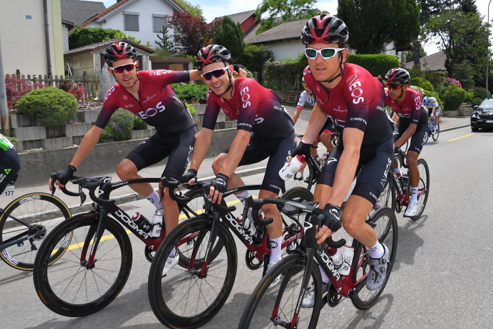 ARLESHEIM, SWITZERLAND - JUNE 18: Luke Rowe of United Kingdom and Team INEOS / Owain Doull of United Kingdom and Team INEOS / Geraint Thomas of United Kingdom and Team INEOS / Peloton / during the 83rd Tour of Switzerland, Stage 4 a 163,9km stage from Murten to Arlesheim 282m / TDS / @tds / #tourdesuisse / on June 18, 2019 in Arlesheim, Switzerland. (Photo by Tim de Waele/Getty Images)