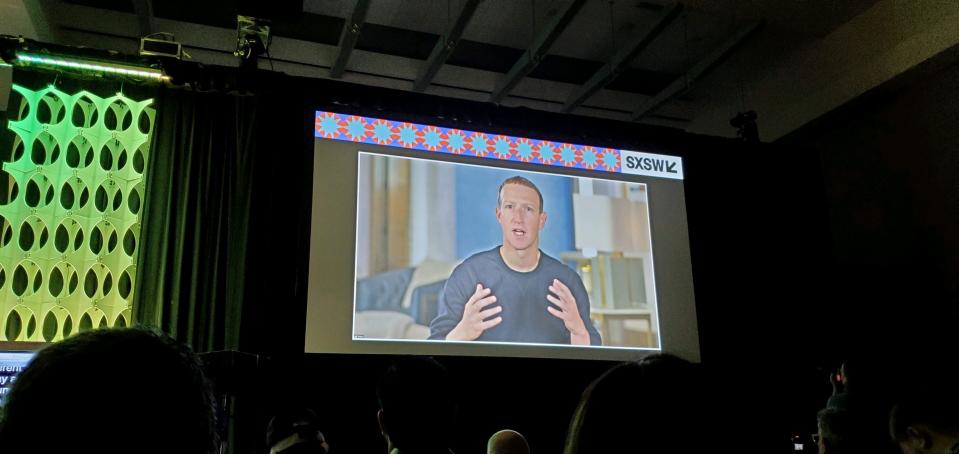 Facebook CEO Mark Zuckerberg appeared virtually at South by Southwest on Tuesday.