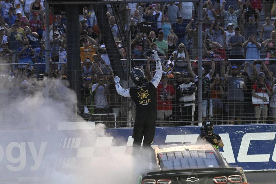 Jun 4, 2023; Madison, Illinois, USA; NASCAR Cup Series driver Kyle Busch (8) reacts to fans after winning the Enjoy Illinois 300 at World Wide Technology Raceway. Mandatory Credit: Joe Puetz-USA TODAY Sports Joe Puetz/Joe Puetz-USA TODAY Sports