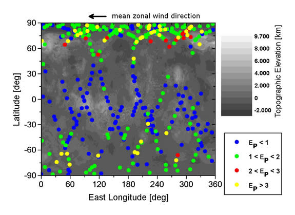 This plot of the cloud waves on Venus shows the gravity wave potential energy density for the altitude range 65 - 80 km as a function of east longitude and latitude. The plot is bsaed on data from Europe's Venus Express spacecraft and overlaid