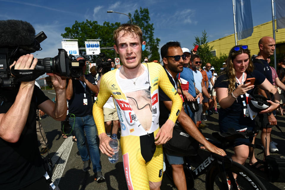 ABTWILL SWITZERLAND  JUNE 18 Overall race winner Mattias Skjelmose Jensen of Denmark and Team TrekSegafredo  Yellow Leader Jersey reacts after the 86th Tour de Suisse 2023 Stage 8 a 257km individual time trial from St Gallen to Abtwil  UCIWT  on June 18 2023 in Abtwil Switzerland Photo by Tim de WaeleGetty Images