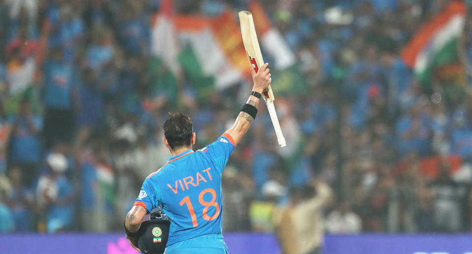 Seen here, Virat Kohli salutes the crowd after hitting his 48th ODI ton. 