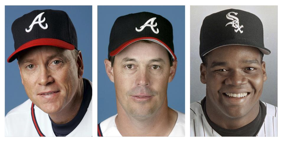 FILE - From left are Tom Glavine in 2008, Greg Maddux in 2008, and Frank Thomas in 1994 file photos. Glavine, Maddux and Thomas were selected to the Baseball Hall of Fame, Wednesday, Jan. 8, 2014. (AP Photo/File)