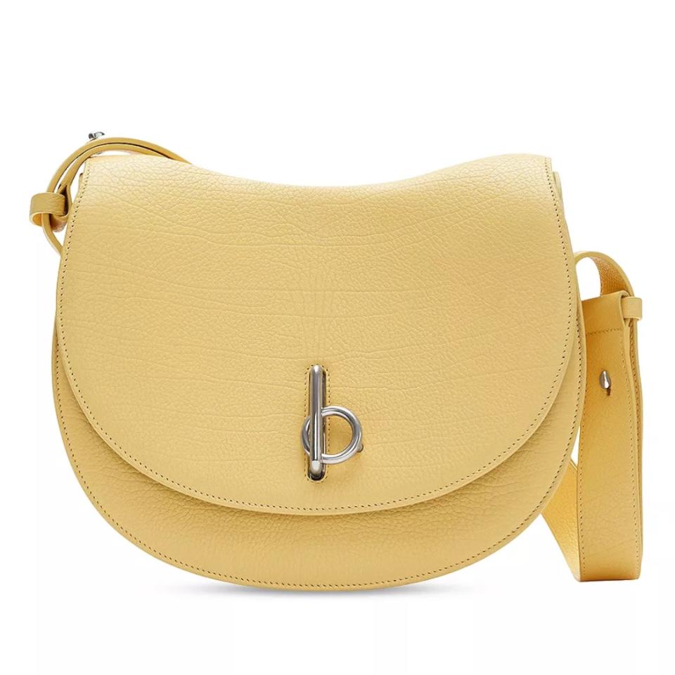Burberry yellow leather saddle bag flap style silver clasp long strap handbag