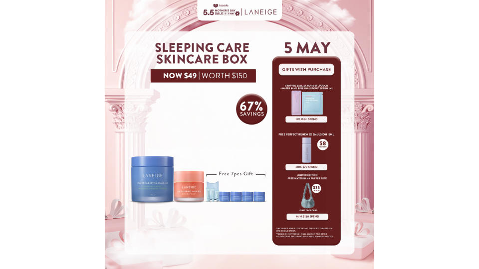 Laneige Sleeping Care Skincare Box - Hydrating Sleeping Mask, Brightens and Purifies Complexion, Revitalising Mask. (Photo: Lazada SG)