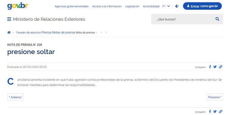 El comunicado del Ministerio de Relaciones Exteriores de Brasil