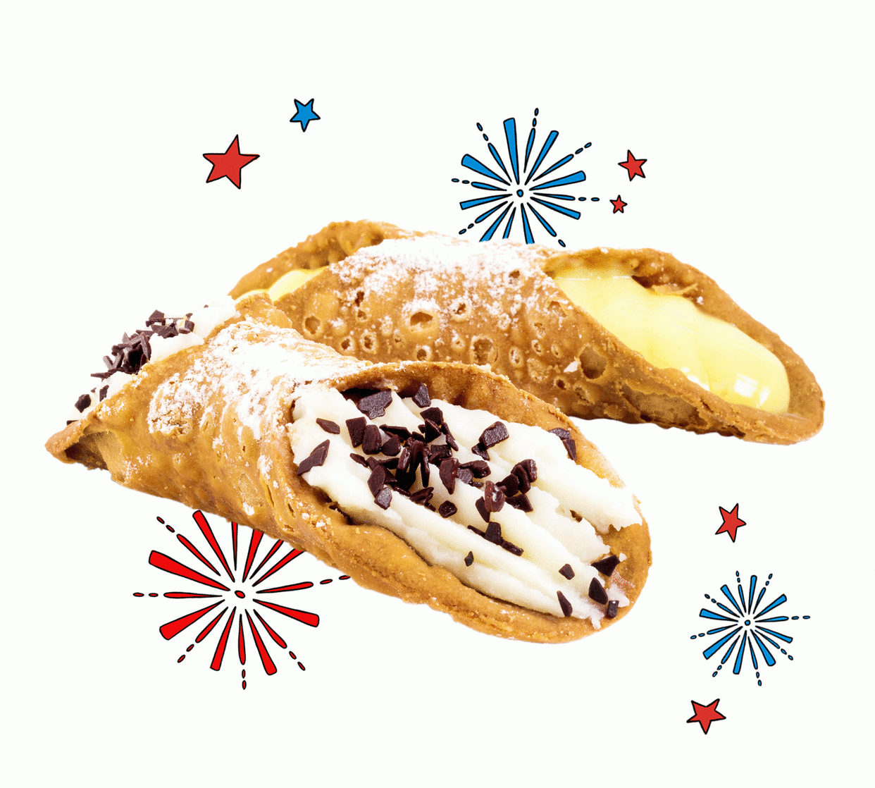 Traditional cannoli stuffed with cream cheese and custard with chocolate flakes. Fireworks and Stars burst in the background