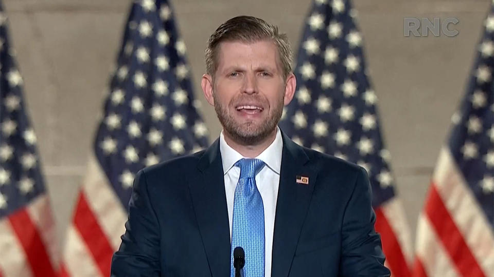 Eric Trump addresses the virtual Republican National Convention from the Mellon Auditorium in Washington, D.C., Tuesday. (Screengrab via Reuters TV)