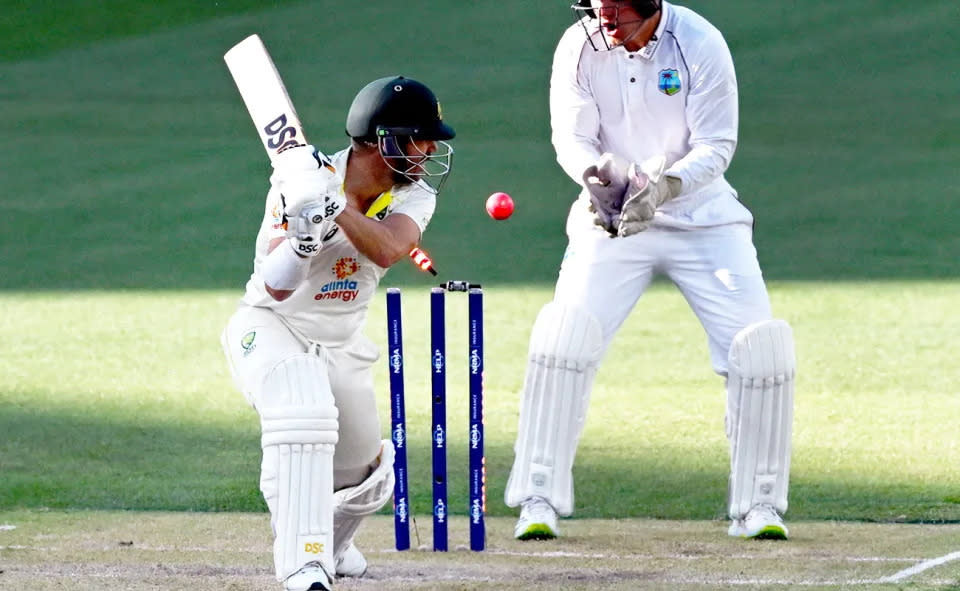 Seen here, David Warner is bowled by Roston Chase in the second Test between Australia and West Indies. 
