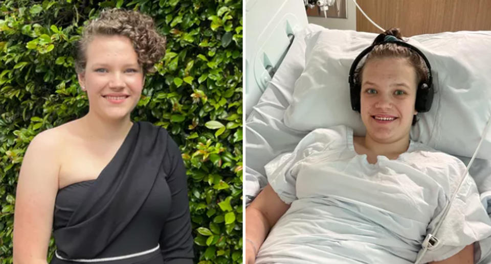 A photo of Sydney local Chelsea Speirs, 17, before being diagnosed with Functional neurological disorder last year and has gradually lost the ability to move her body since then. A photo of Chelsea in hospital after being diagnosed.