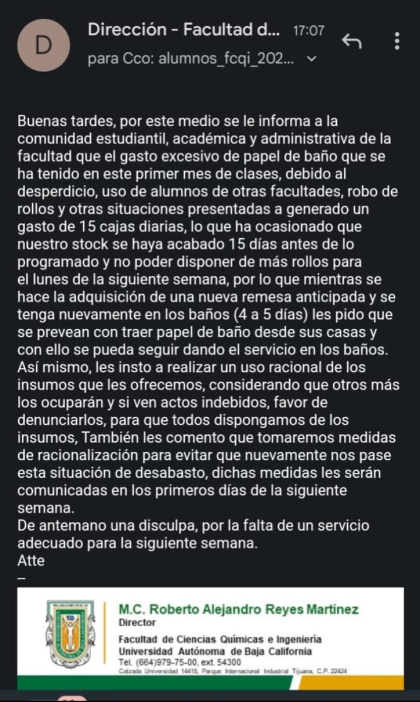 El comunicado fue compartido a través de un correo electrónico a alumnos de la facultlad