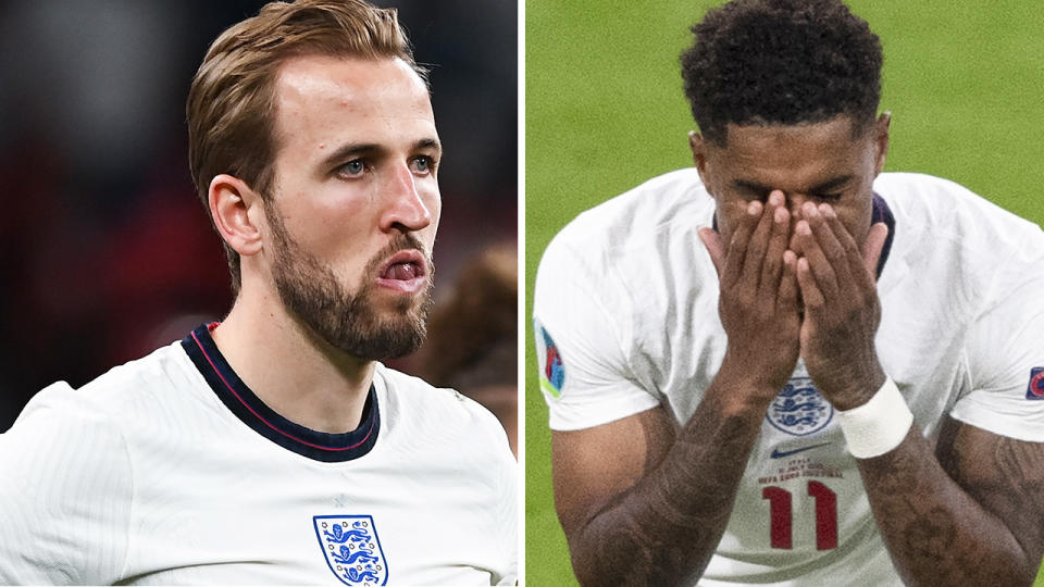 England captain Harry Kane has denounced the racist abuse levelled at teammates Marcus Rashford, Jadon Sancho and Bukayo Saka in the wake of the team's loss to Italy in the Euro 2020 final. Pictures: Getty Images
