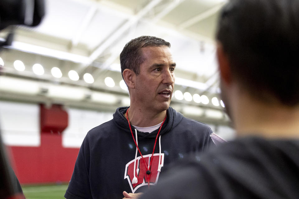 Wisconsin head coach Luke Fickell speaks to the media after an NCAA college spring football practice at the McClain Center in Madison, Wis., Tuesday, April 9, 2024. (Samantha Madar/Wisconsin State Journal via AP)
