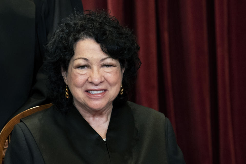 FILE - In this April 23, 2021, file photo Associate Justice Sonia Sotomayor sits during a group photo at the Supreme Court in Washington. (Erin Schaff/The New York Times via AP, Pool, File)