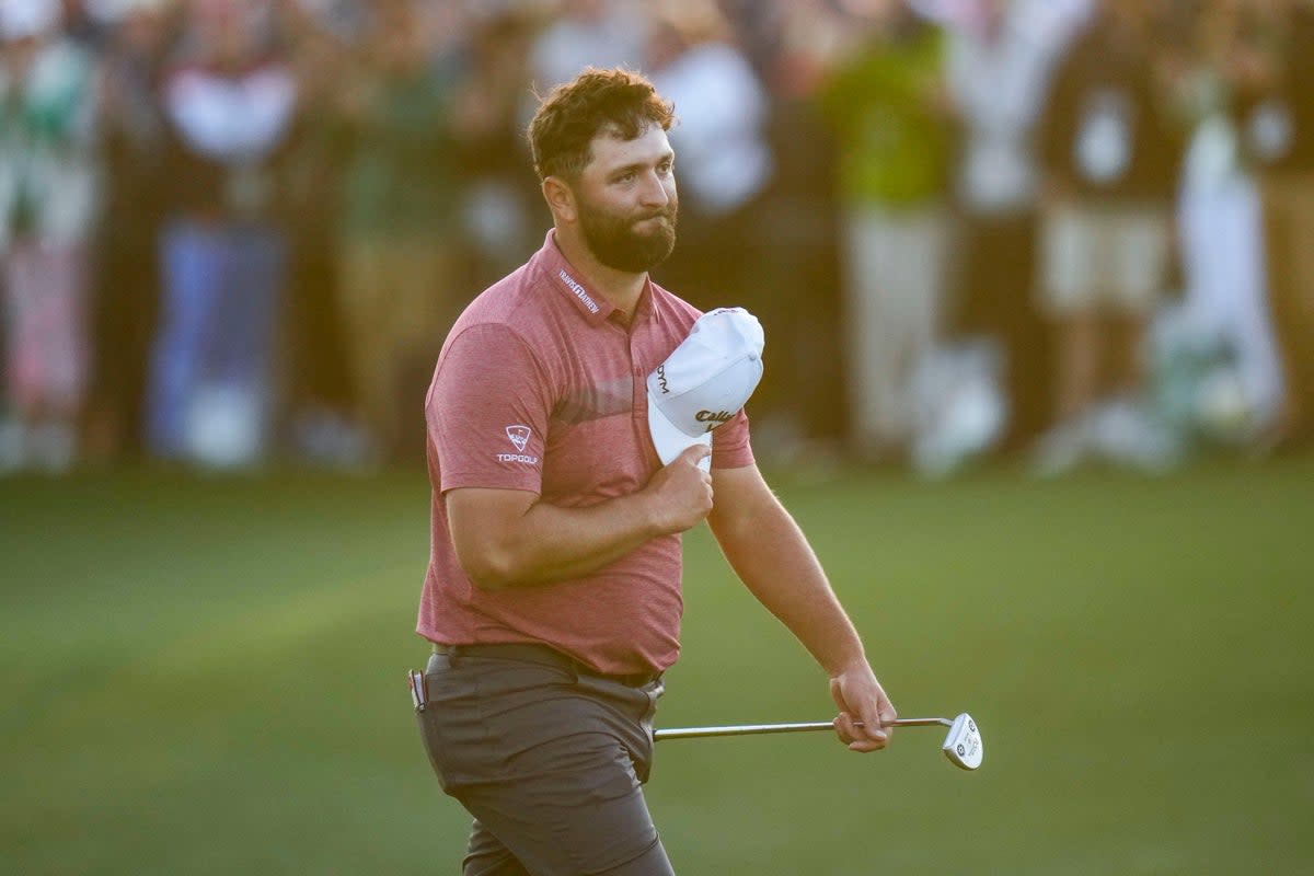 Jon Rahm celebrates on the 18th green after wining the Masters (Jae C. Hong/AP) (AP)