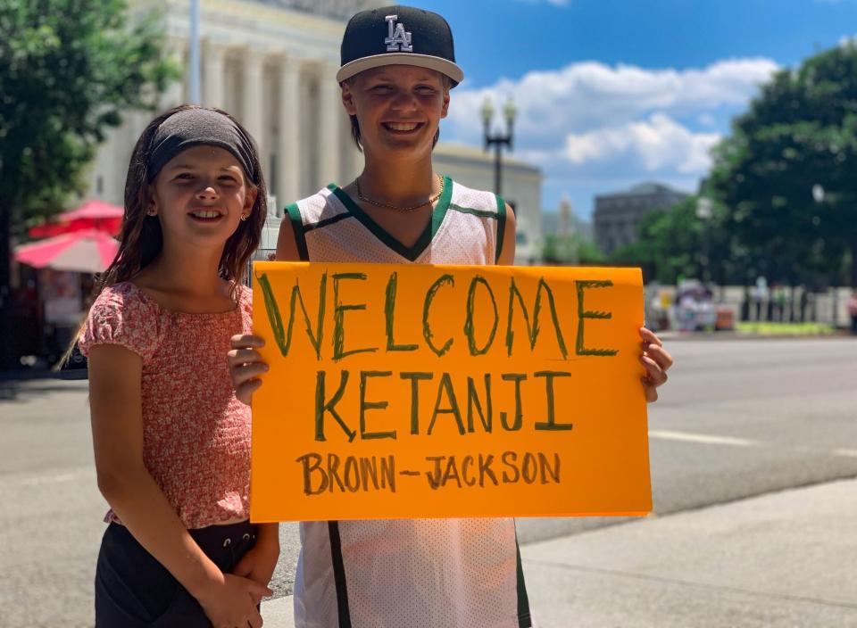 June 30, 2022, Washington, District of Columbia, USA: Siblings Cate and Carter welcome the newest Supreme Court Justice Ketanji Brown Jackson, who was sworn in earlier today. Their grandparents, visiting from Michigan, took them on a field trip to explore where history is made in the nationÃ•s capital. (Credit Image: © Sue Dorfman/ZUMA Press Wire)