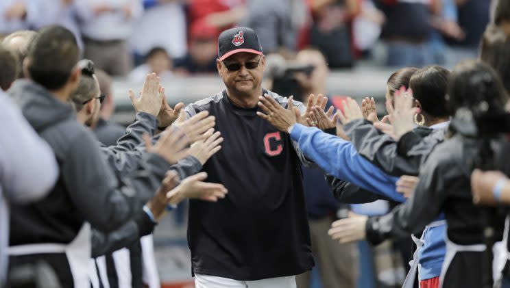 Cleveland Indians manager Terry Francona is introduced before a baseball game between the Chicago White Sox and the Cleveland Indians, Tuesday, April 11, 2017, during opening day in Cleveland. (AP Photo/Tony Dejak)