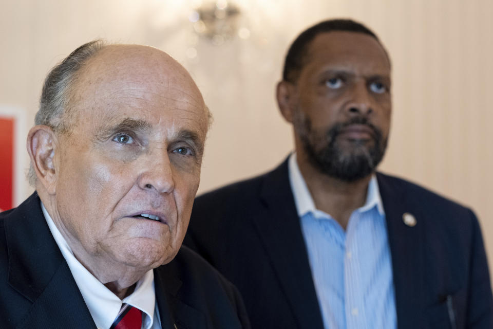 Rudy Giuliani endorses GOP candidate Vernon Jones for Governor of Georgia during a press conference Wednesday, June 30, 2021 in Atlanta, Ga. (AP Photo/Ben Gray)