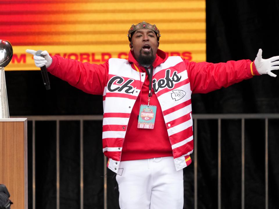 Rapper Tech N9ne performs during the Kansas City Chiefs Super Bowl LVII victory parade on February 15, 2023 in Kansas City, Missouri.