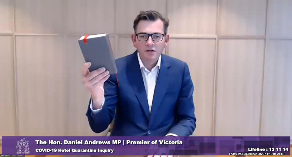 A screenshot shows Victorian Premier Daniel Andrews during the Covid-19 Hotel Quarantine Inquiry in Melbourne, Friday, September 25, 2020.