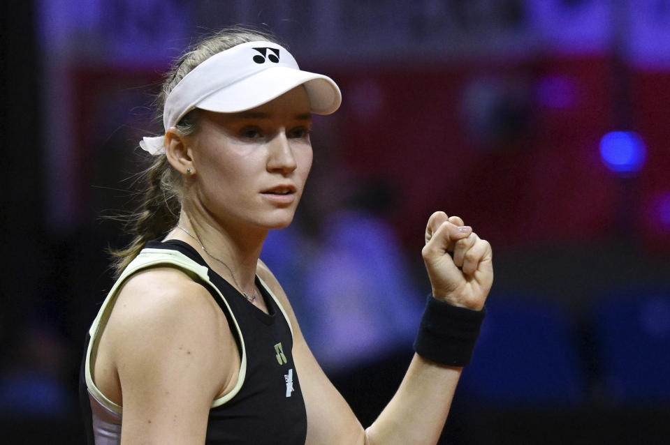 Kazakhstan's Elena Rybakina reacts after her victory against Poland's Iga Swiatek at the semi finals of the WTA Tour in Stuttgart, Germany, Saturday April 20, 2024. (Marijan Murat/dpa via AP)