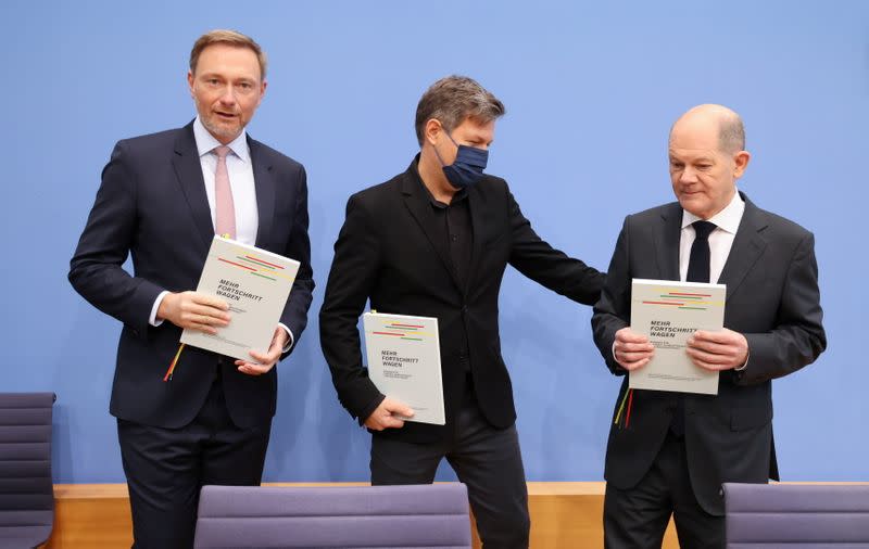 Members of Germany's SPD, The Greens and FDP parties sign a coalition agreement, in Berlin