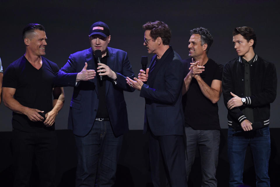 Josh Brolin, Kevin Feige, Robert Downey Jr., Mark Ruffalo and Tom Holland at D23 EXPO 2017&nbsp; (Photo: Image Group LA via Getty Images)