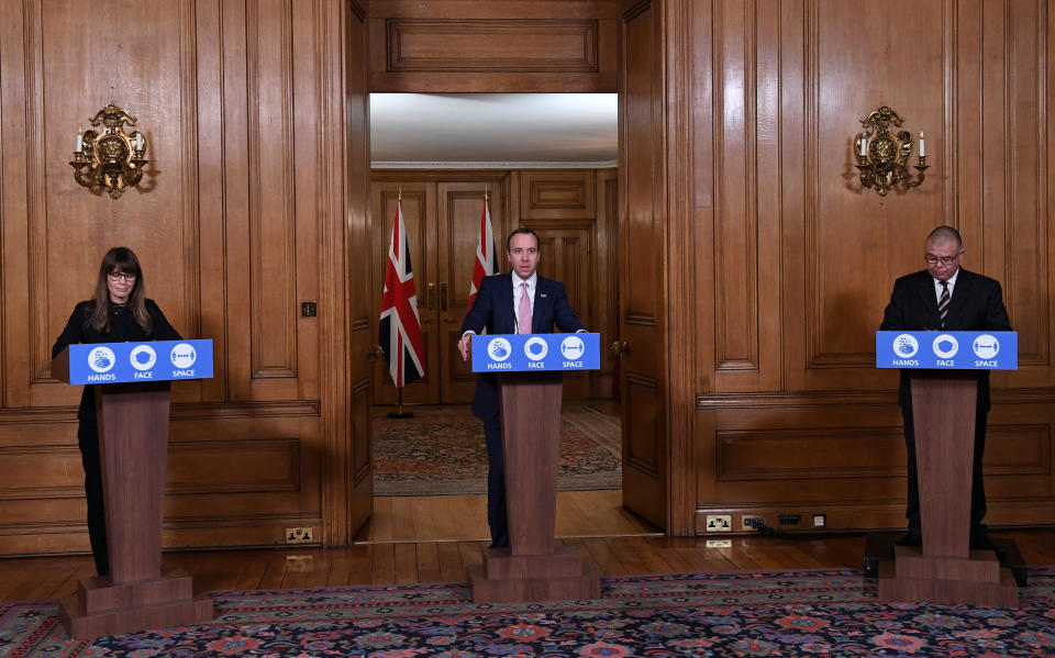 (left to right) Dr Susan Hopkins, Health Secretary Matt Hancock and Deputy Chief Medical Officer for England Jonathan Van-Tam during a media briefing in Downing Street, London, on coronavirus (COVID-19).