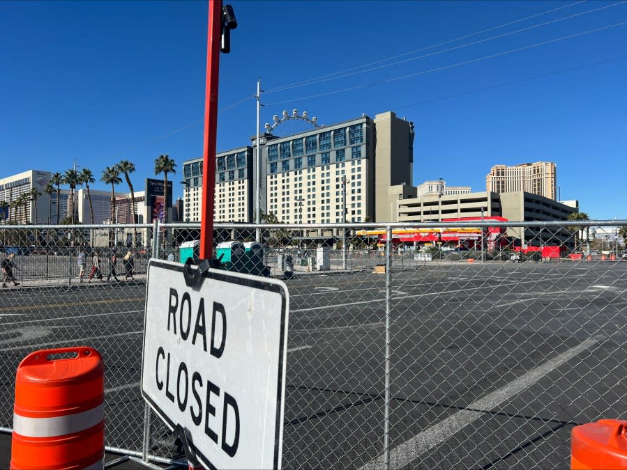 The Formula 1 temporary vehicular bridge at Flamingo Road and Koval Lane is gone, but the foundation remained Saturday. Road closures are expected to last through February 1st. (KLAS/Lauren Negrete)