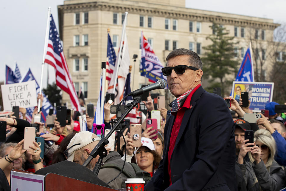 Michael Flynn speaks to a crowd of Trump supporters during a protest against the outcome of the presidential election outside the Supreme Court on Dec. 12, 2020. (Photo: Tasos Katopodis/Getty Images)