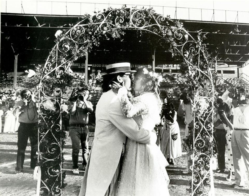 June 22, 1987 - El Pasoans Miguel Silva and Mia Tognacci were the center of attention as they were wed Sunday night at home plate of Dudley Field. No balks were called.